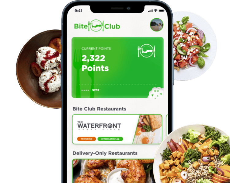 bite club restaurant loyalty mobile app preview on a background with three dishes
