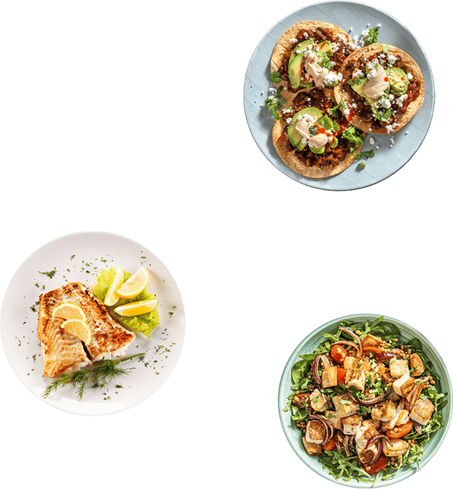 top view three plates with delicious meals